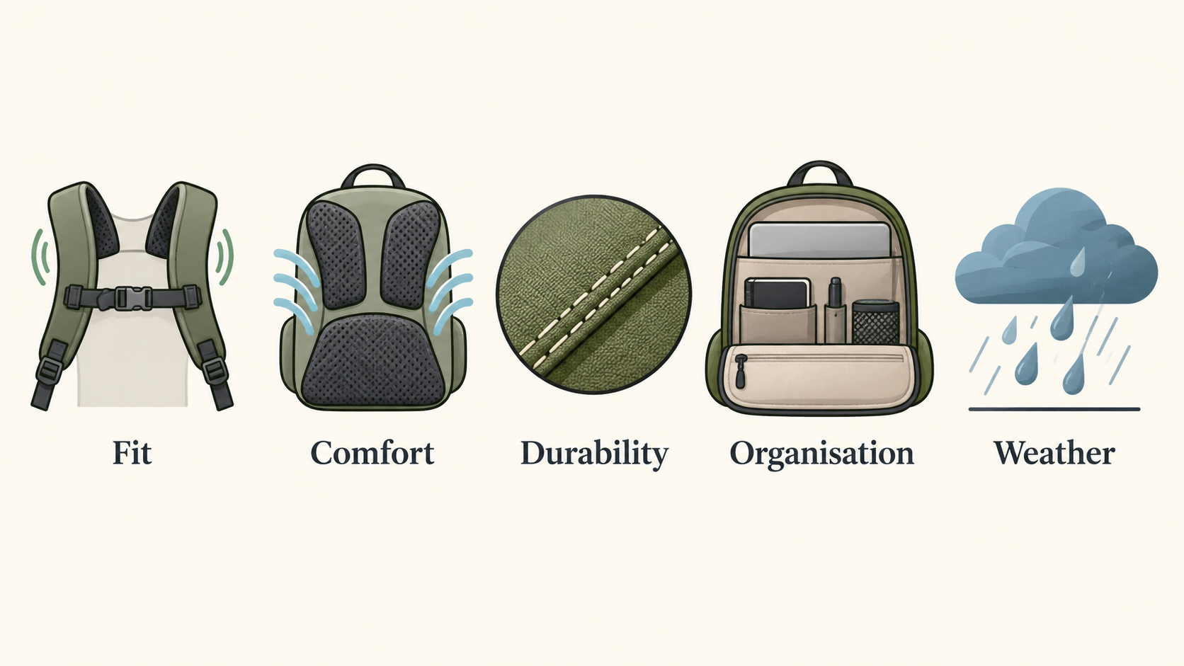 One row of icons with short labels showing the main criteria the section sets out for judging a university backpack