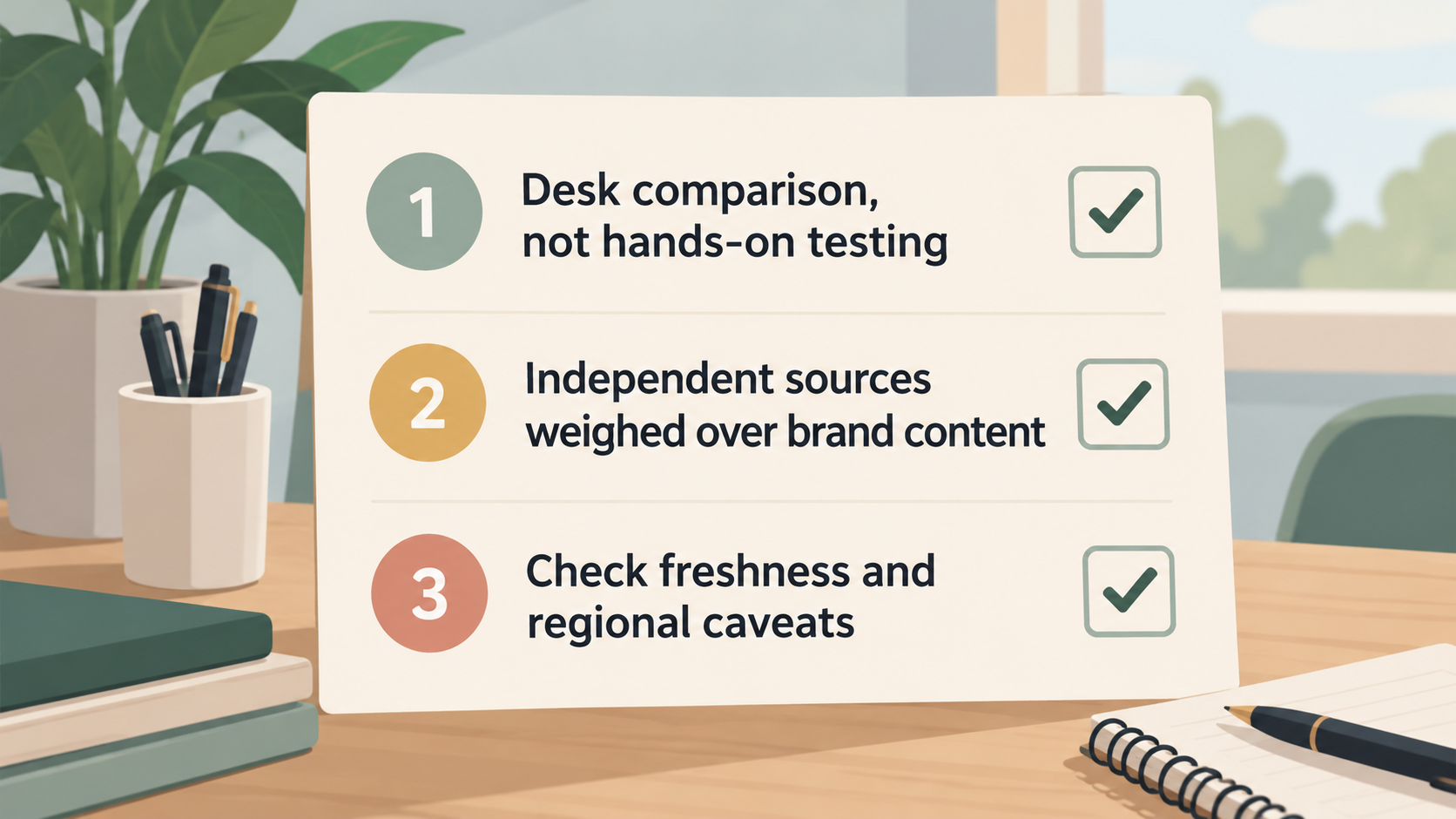 A short numbered checklist of the points the methodology section states about how the evidence was weighed and what readers should keep in mind