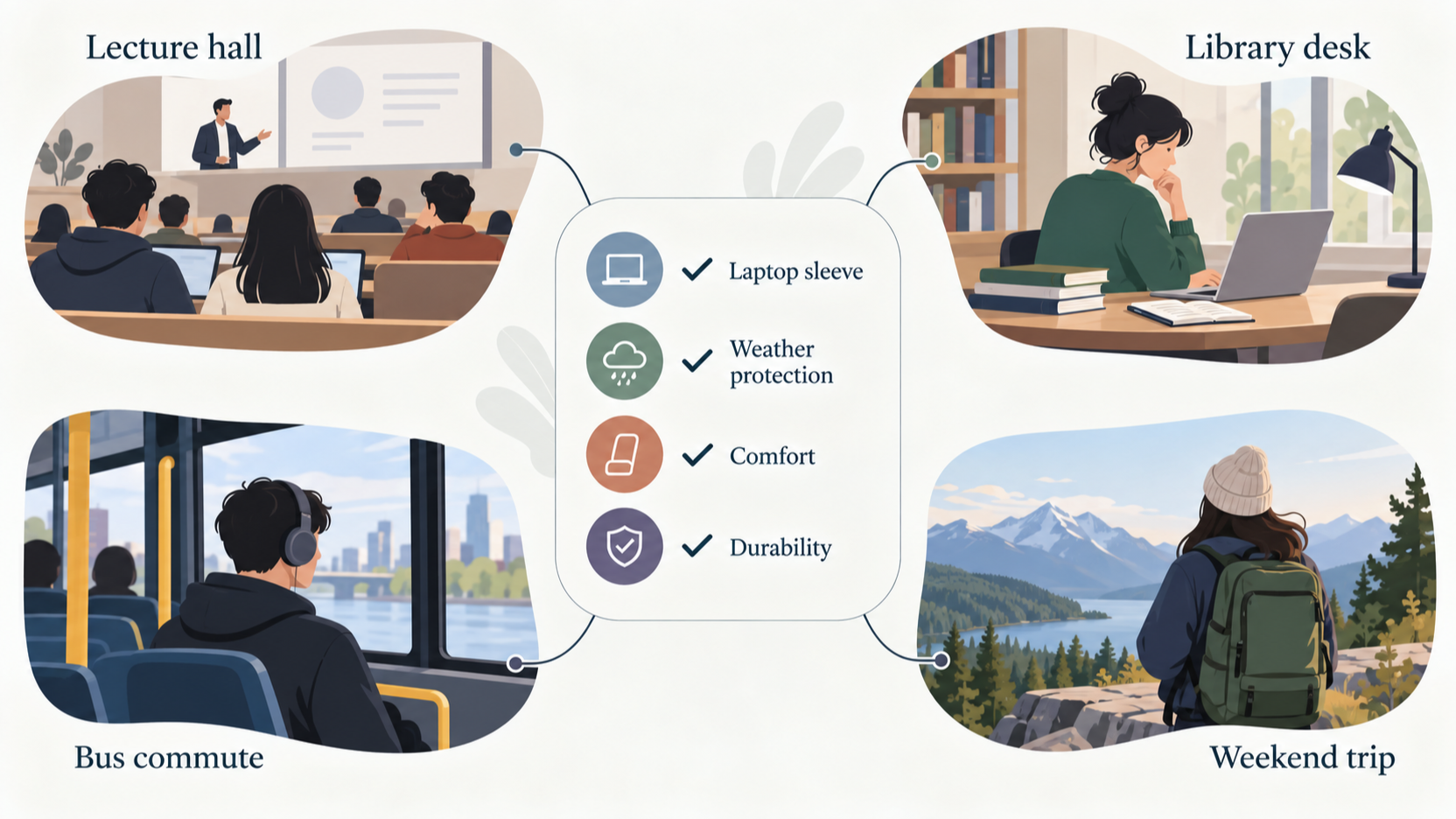 Help readers map their own routine (lectures, library days, commute, occasional travel) to the core rucksack requirements