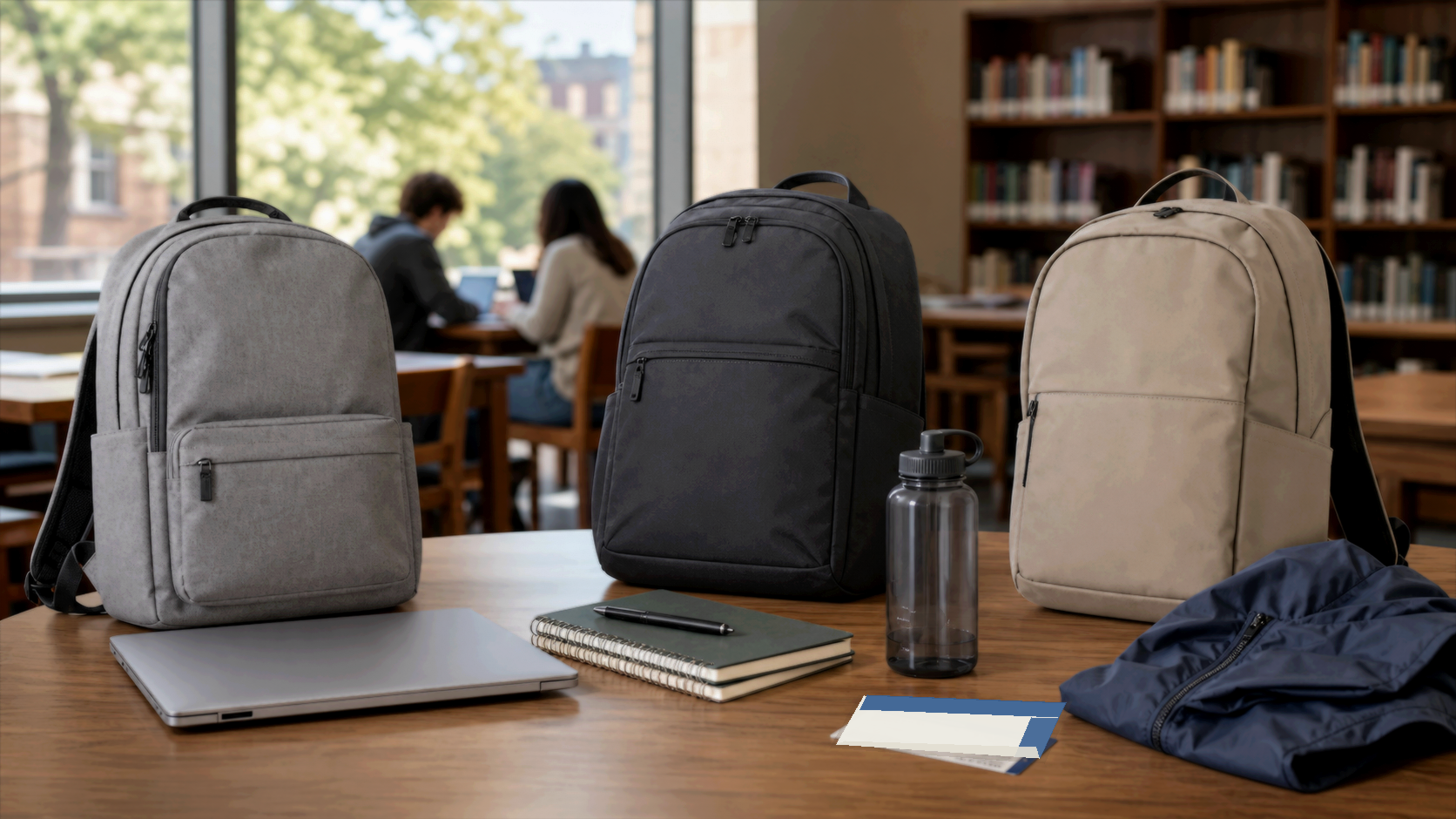 Student backpacks arranged with laptop and notebooks for campus commute comparison