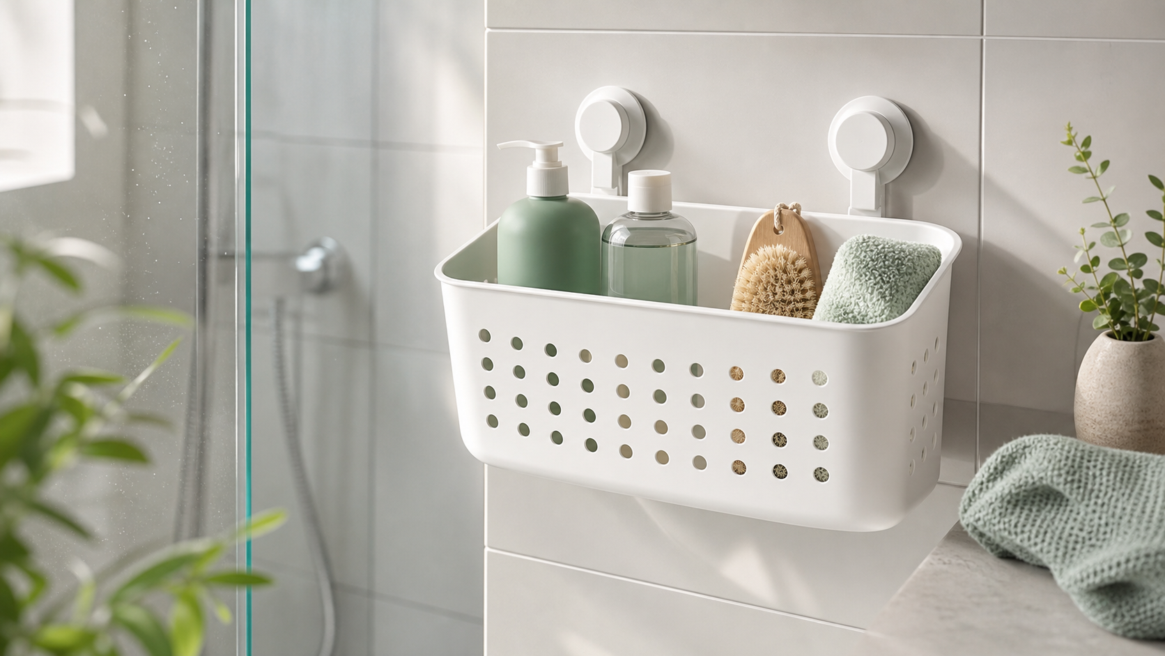 IKEA TISKEN suction basket with toiletries on bathroom tiles