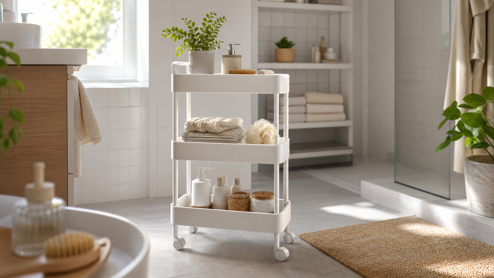 IKEA VESKEN white trolley arranged as student bathroom storage