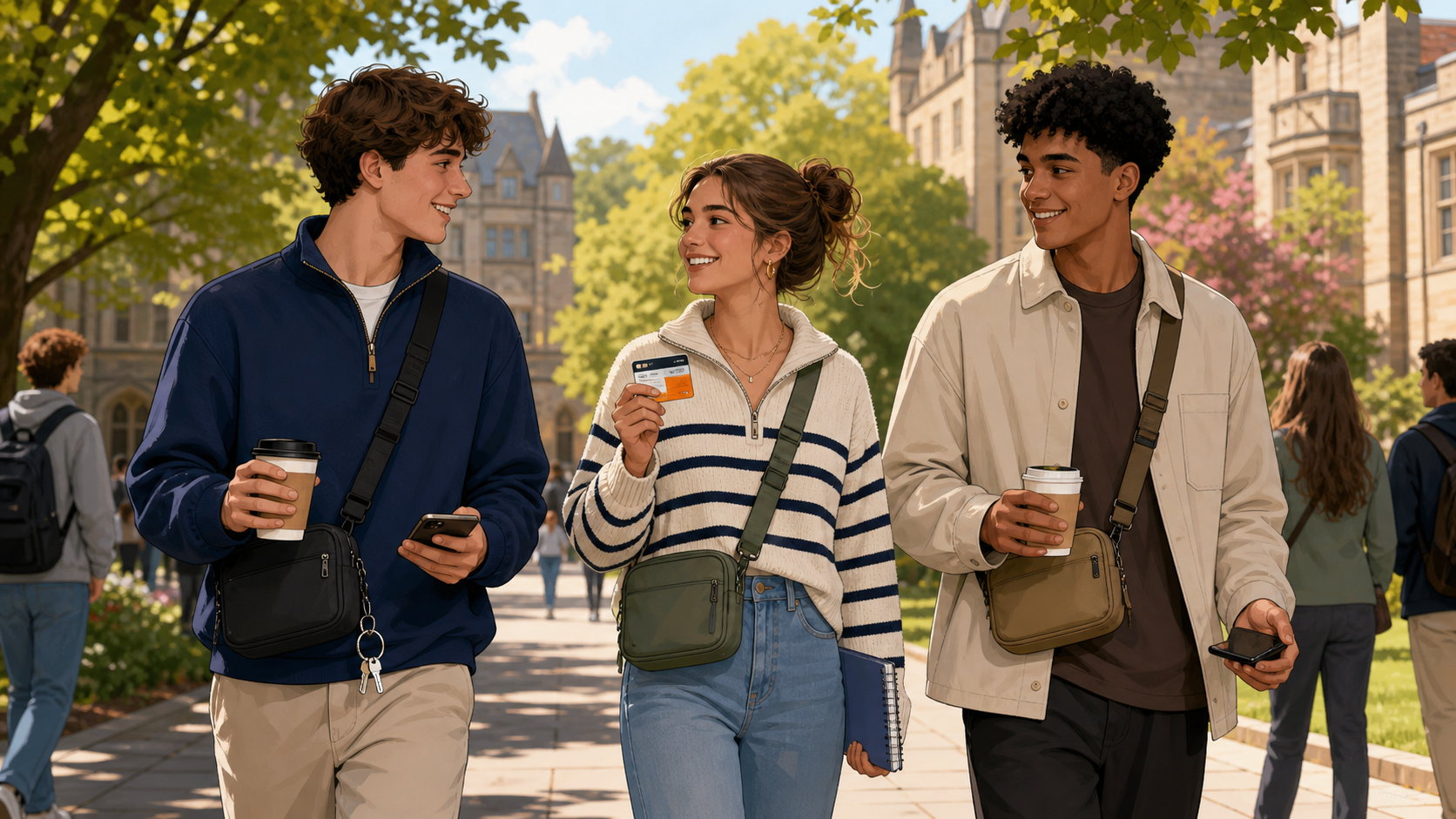 Students wearing compact crossbody bags for campus, errands, and train travel