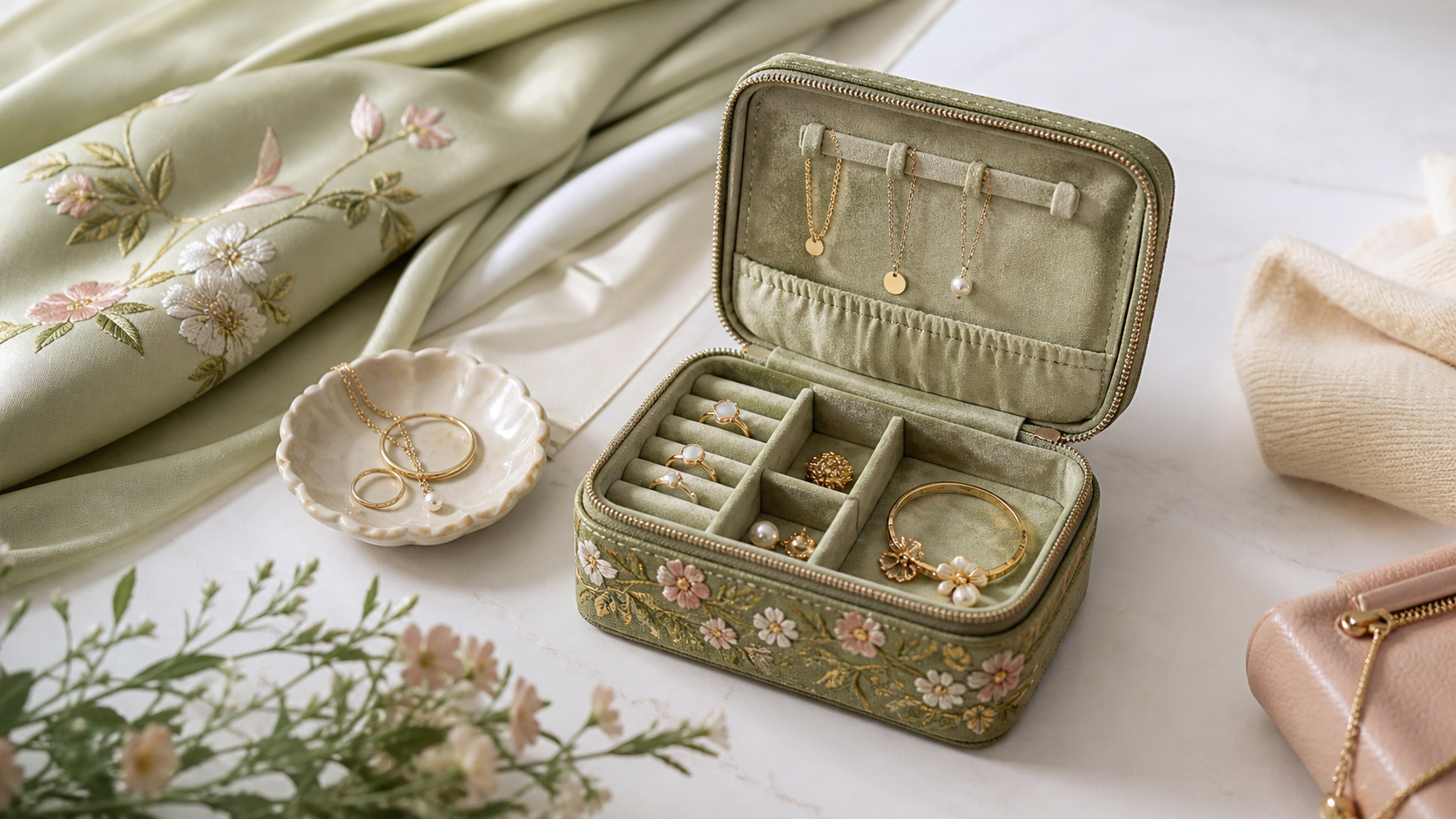 John Lewis Archive Embroidered Floral Travel Jewellery Box