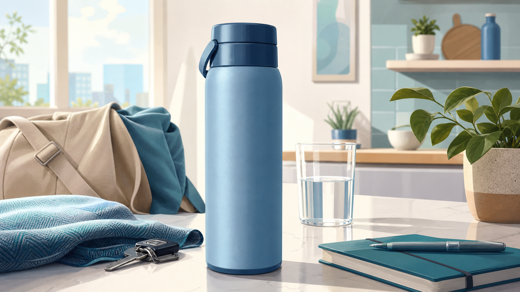 Owala FreeSip reusable student water bottle in light blue